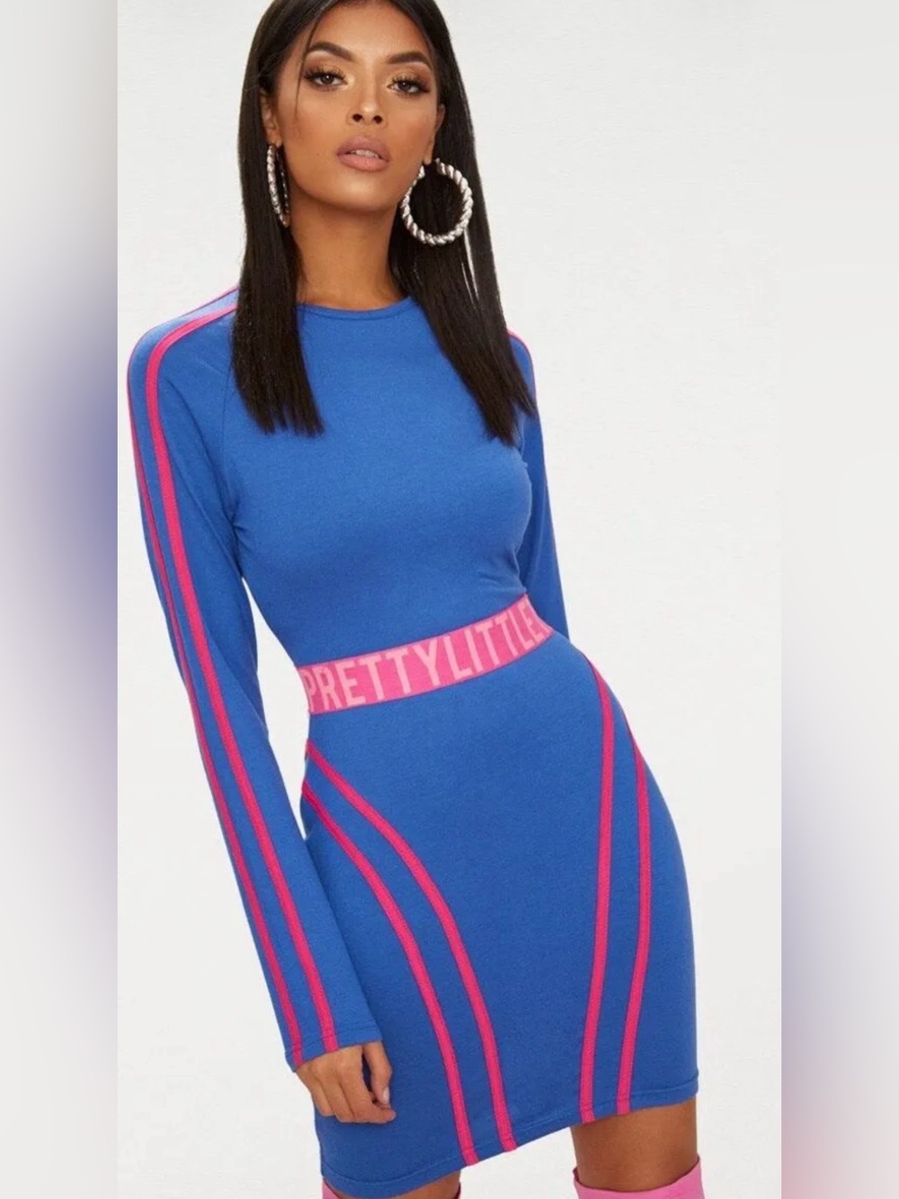 PrettyLittleThing Blue & Pink Long Sleeve Bodycon Dress
